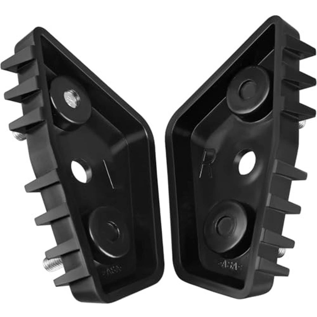 Black bumper support bracket pair with serrated mounting tabs and screw holes