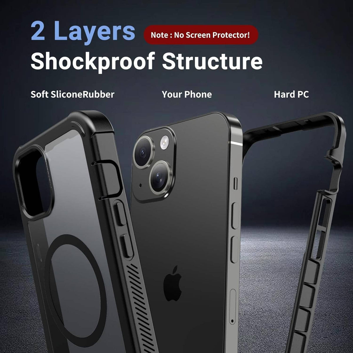 Black dual-layer MagSafe case with textured grip and raised corner protection