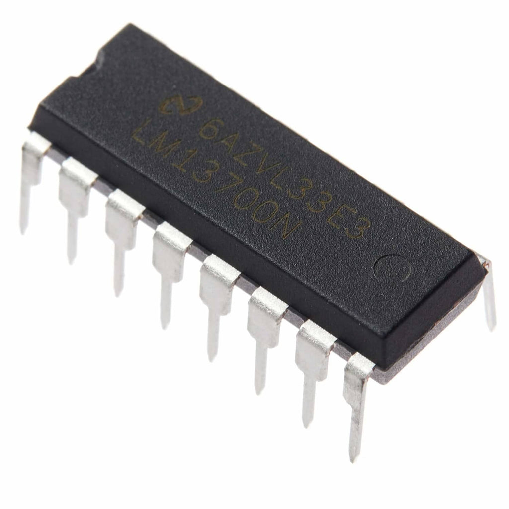 LM13700N dual op transconductance amplifier IC in black DIP16, close-up pin side