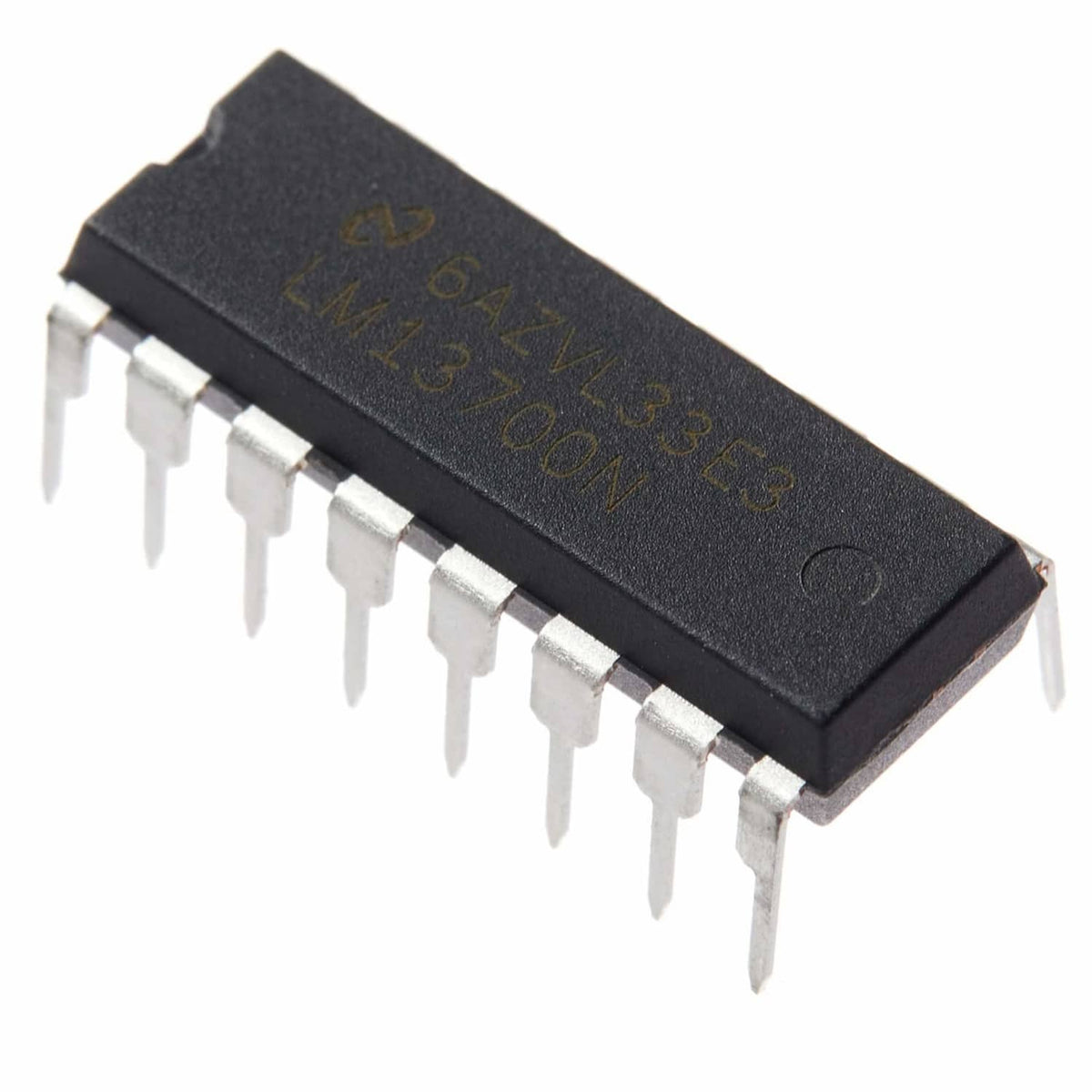 LM13700N dual op transconductance amplifier IC in black DIP16, close-up pin side