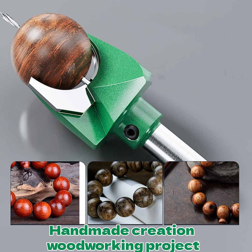 Green router bit with silver shank and carbide cutting tip, with wooden bead samples