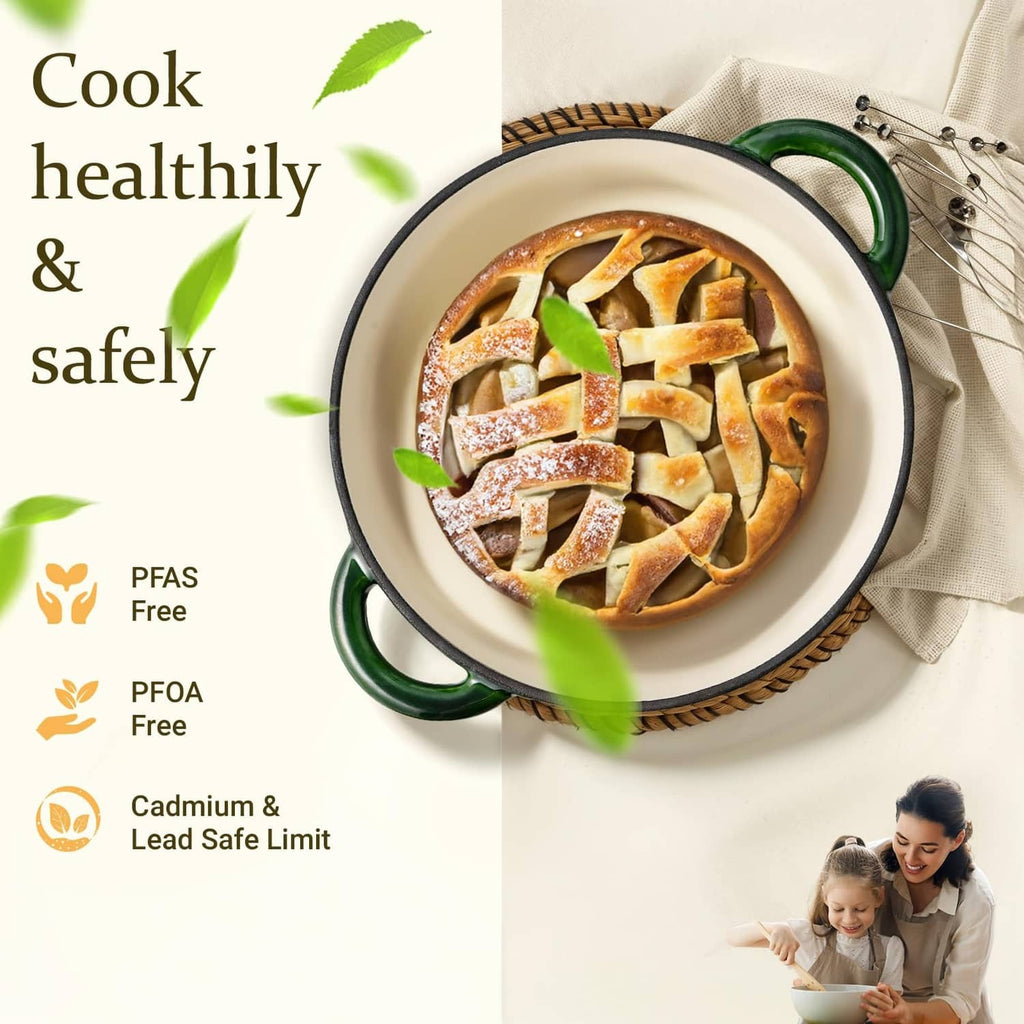 Green enameled Dutch oven with handles, filled with browned pasta