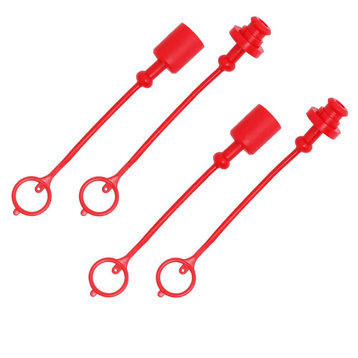 Set of red hydraulic coupler dust caps with tethered rings and protective end caps