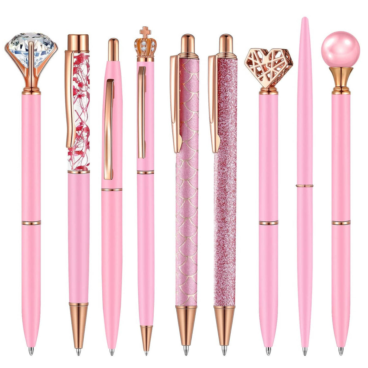 Pink glitter ballpoint pens set with metal crystal diamond accents, 9-piece assortment