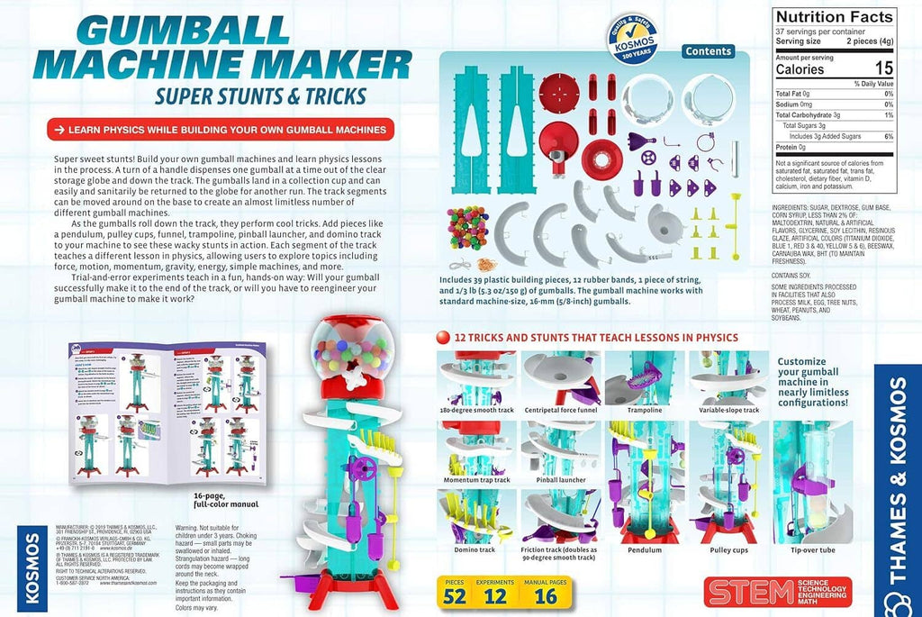 STEM gumball machine maker kit back with parts diagram, setup steps, and labels.