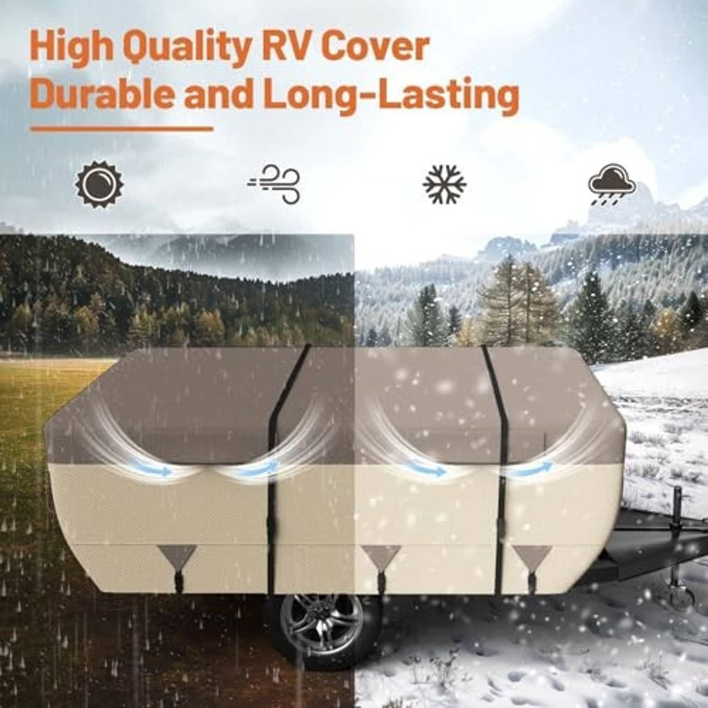Tan pop up camper cover with curved top and elastic hem, shown on trailer in snow.