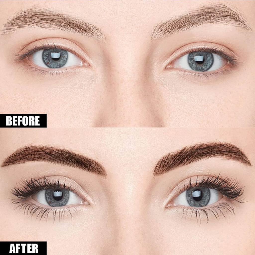 Brown eyebrow tint effect: model eyebrows filled and shaped before and after