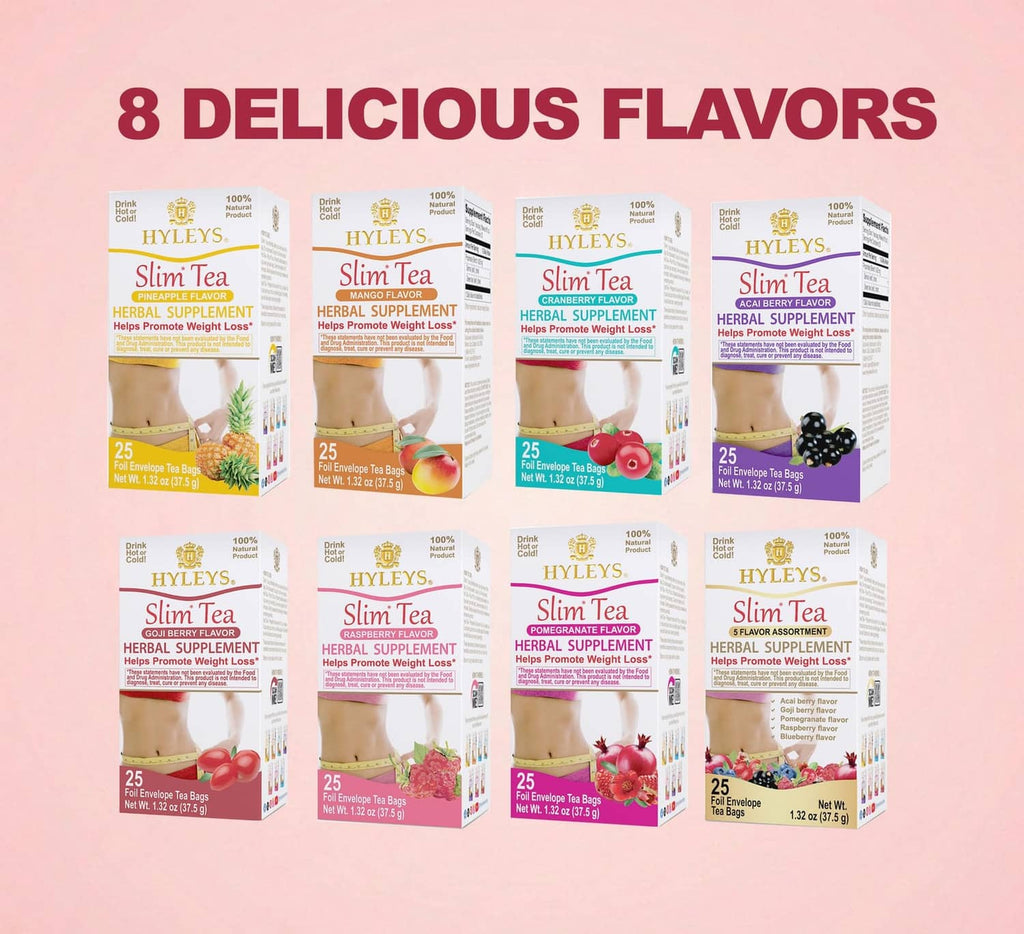 8 Slim Tea herbal supplement flavor boxes arranged in a grid