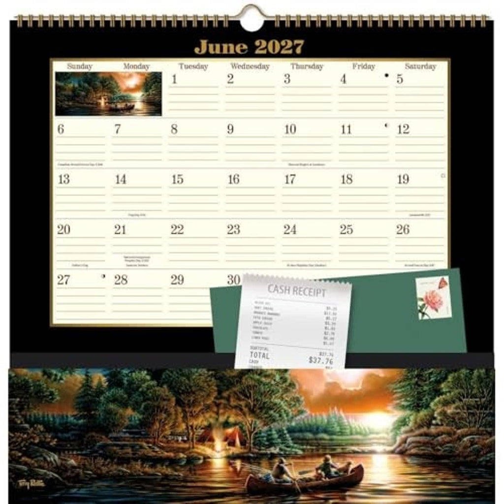 June 2027 pocket calendar with scenic river scene and cash receipt insert