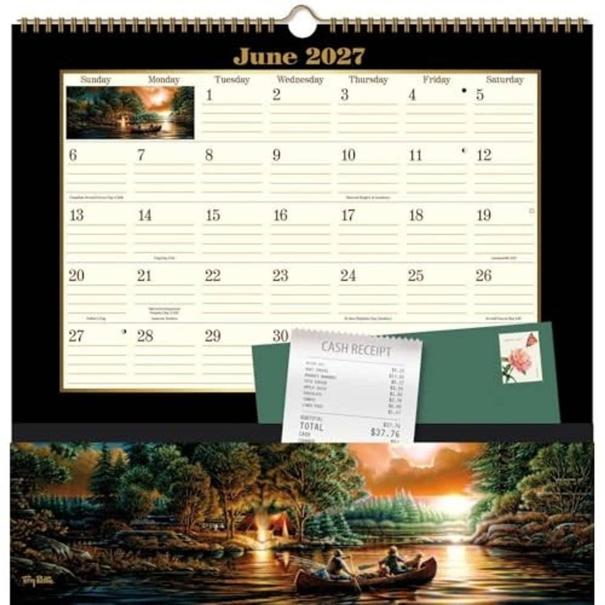 June 2027 pocket calendar with scenic river scene and cash receipt insert