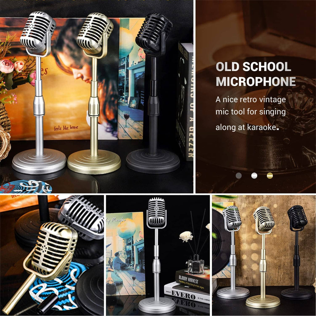 Vintage desktop microphones on round bases in silver, gold, and black finishes