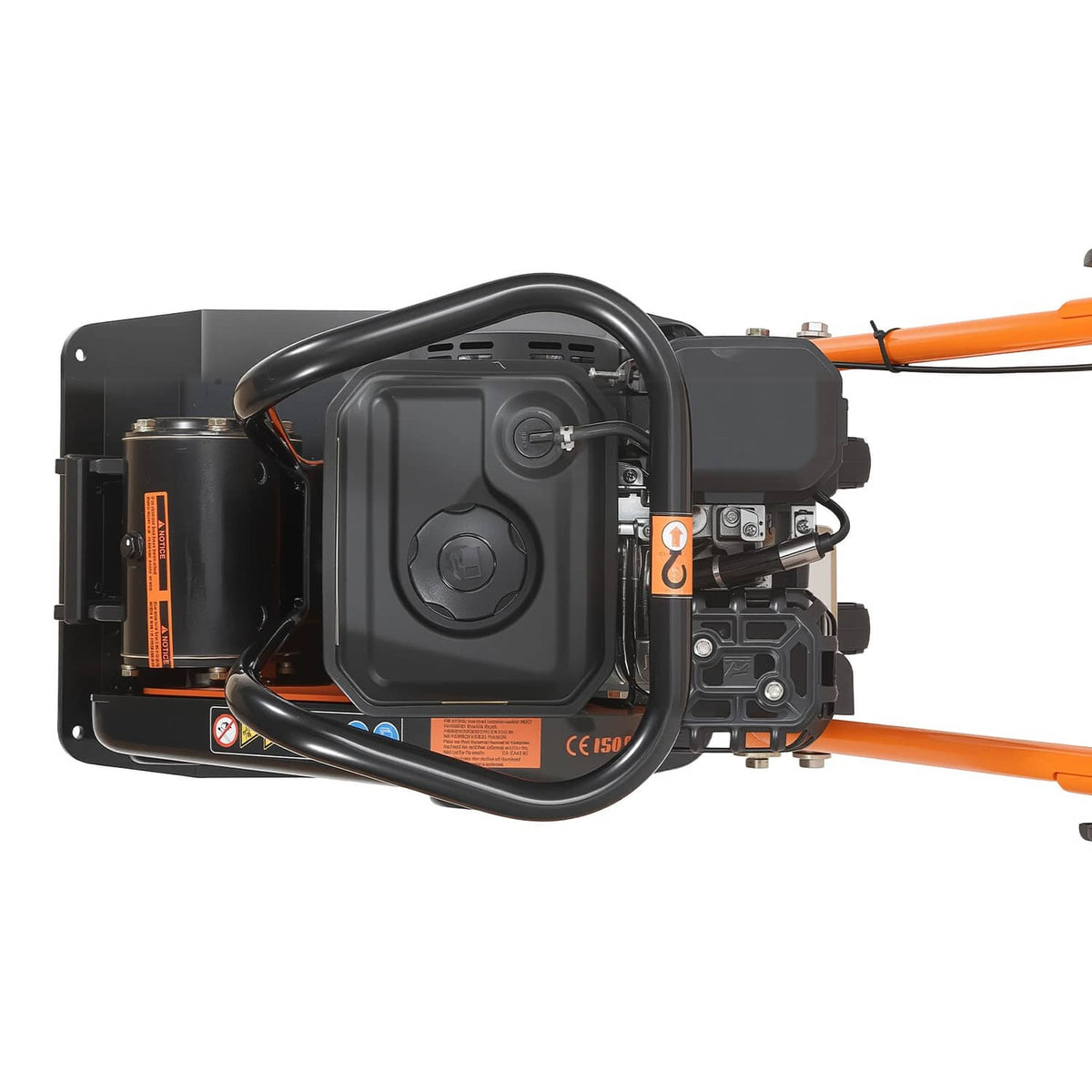 Orange and black plate compactor with side engine panel and protective casing