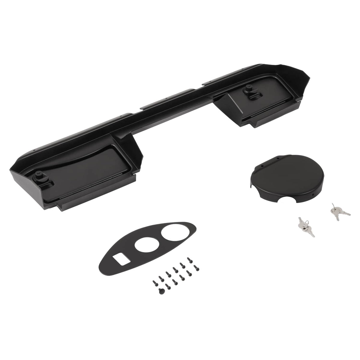 Matte black dash board cover assembly with long center strip and round access cover.