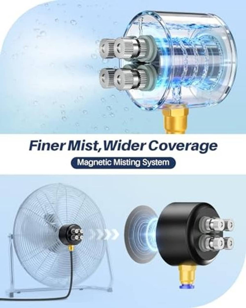 Misting nozzle assembly with clear water chamber and multiple spray outlets for fine mist