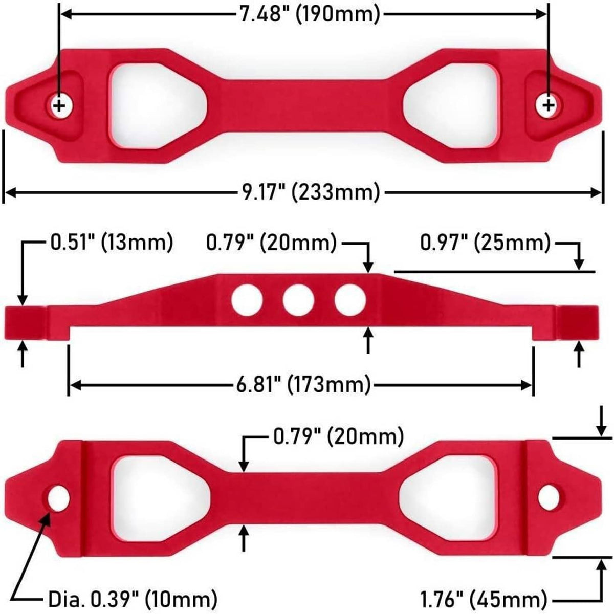 Red aluminum battery tie-down bracket showing mounting holes and size dimensions
