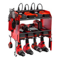 Red modular power tool organizer wall mount with two shelves and multiple tool holders
