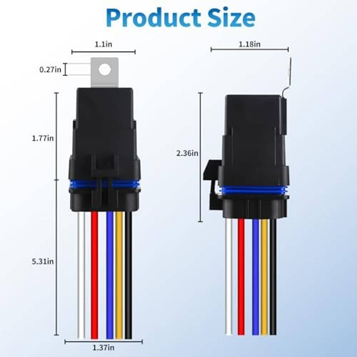 5-pin waterproof relay harness dimensions with black relay body and multicolor wires