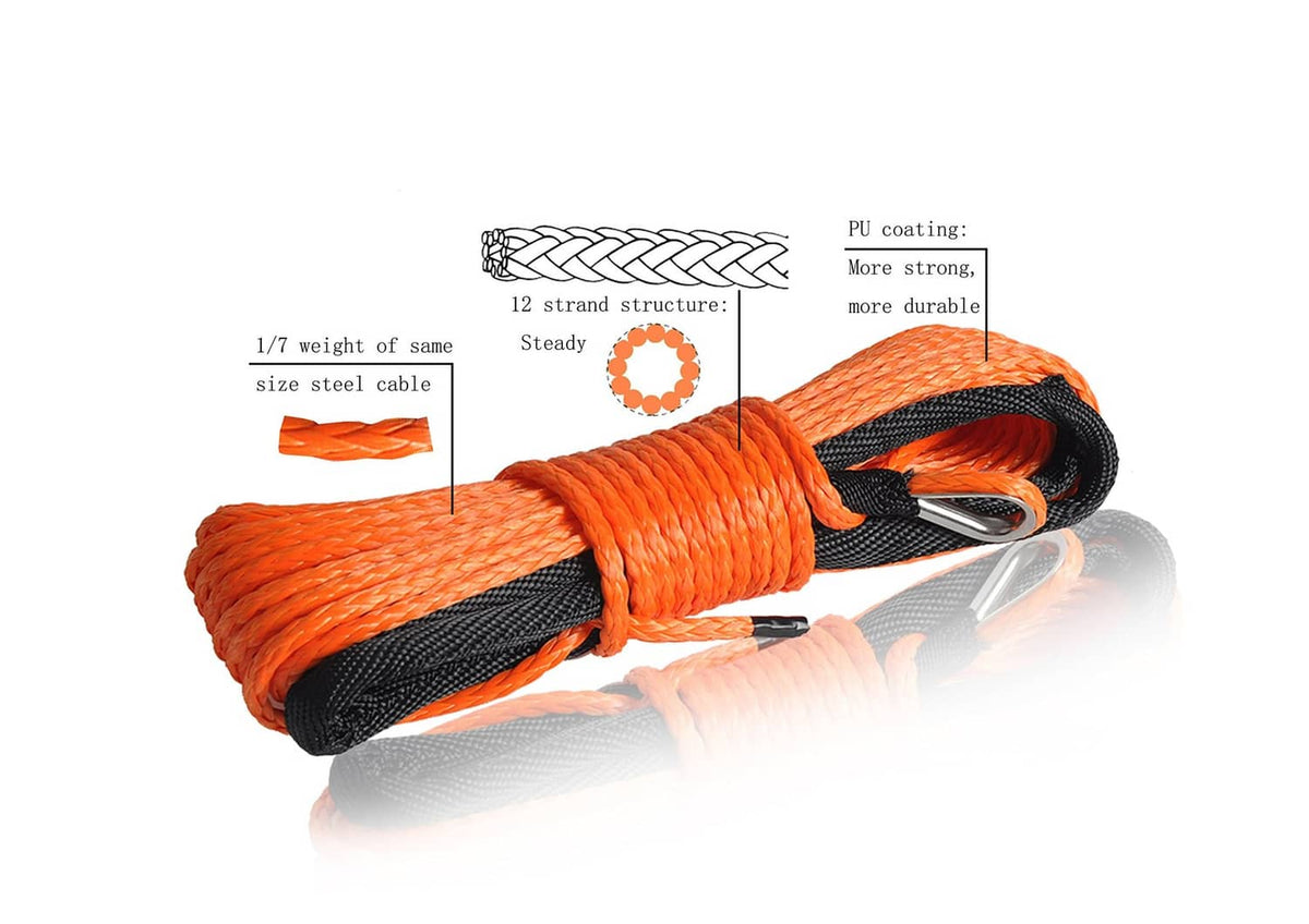 Orange synthetic winch rope bundle with black strap and D-ring hook