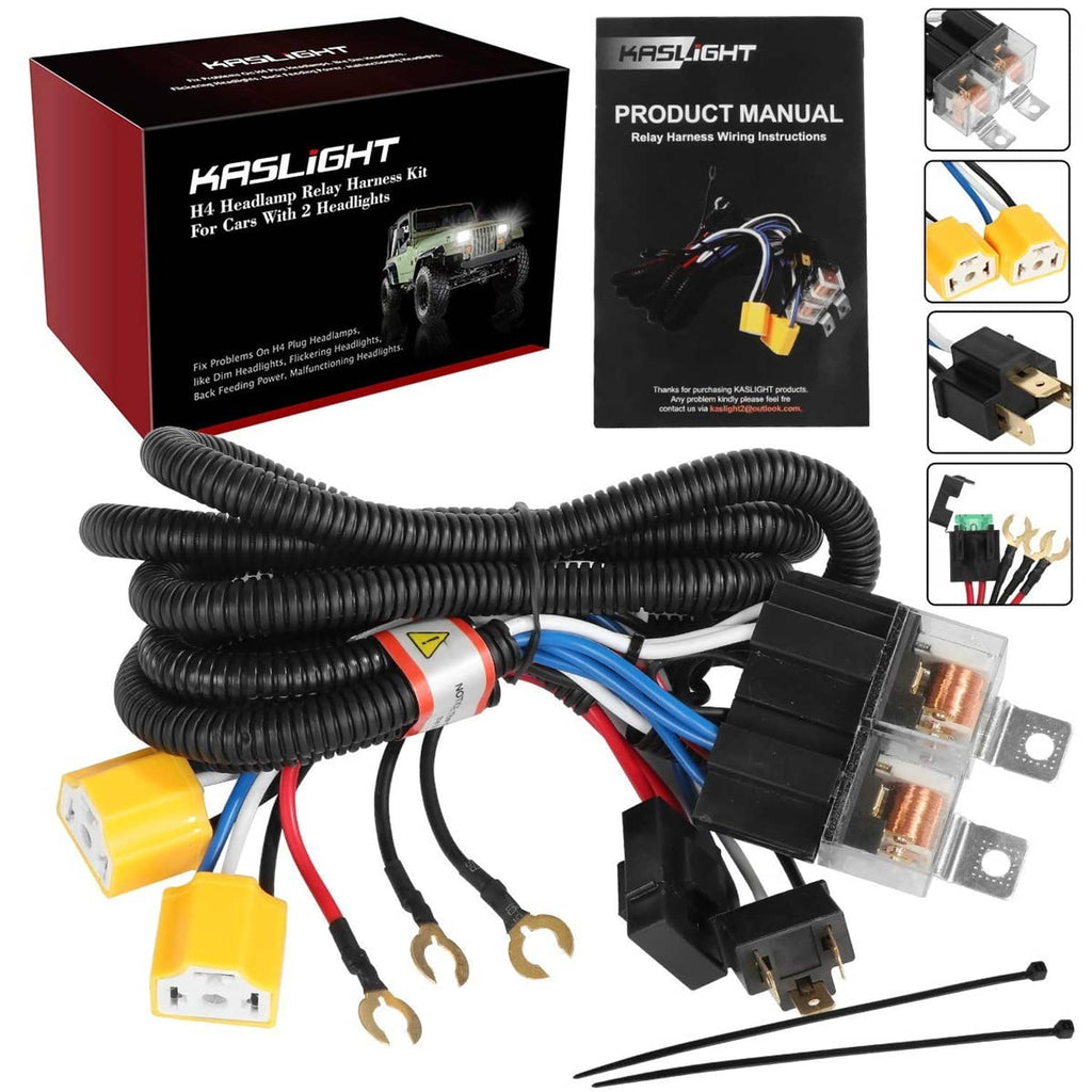 Kaslight headlight wiring harness relay kit with cables, yellow connectors, and fuse blocks