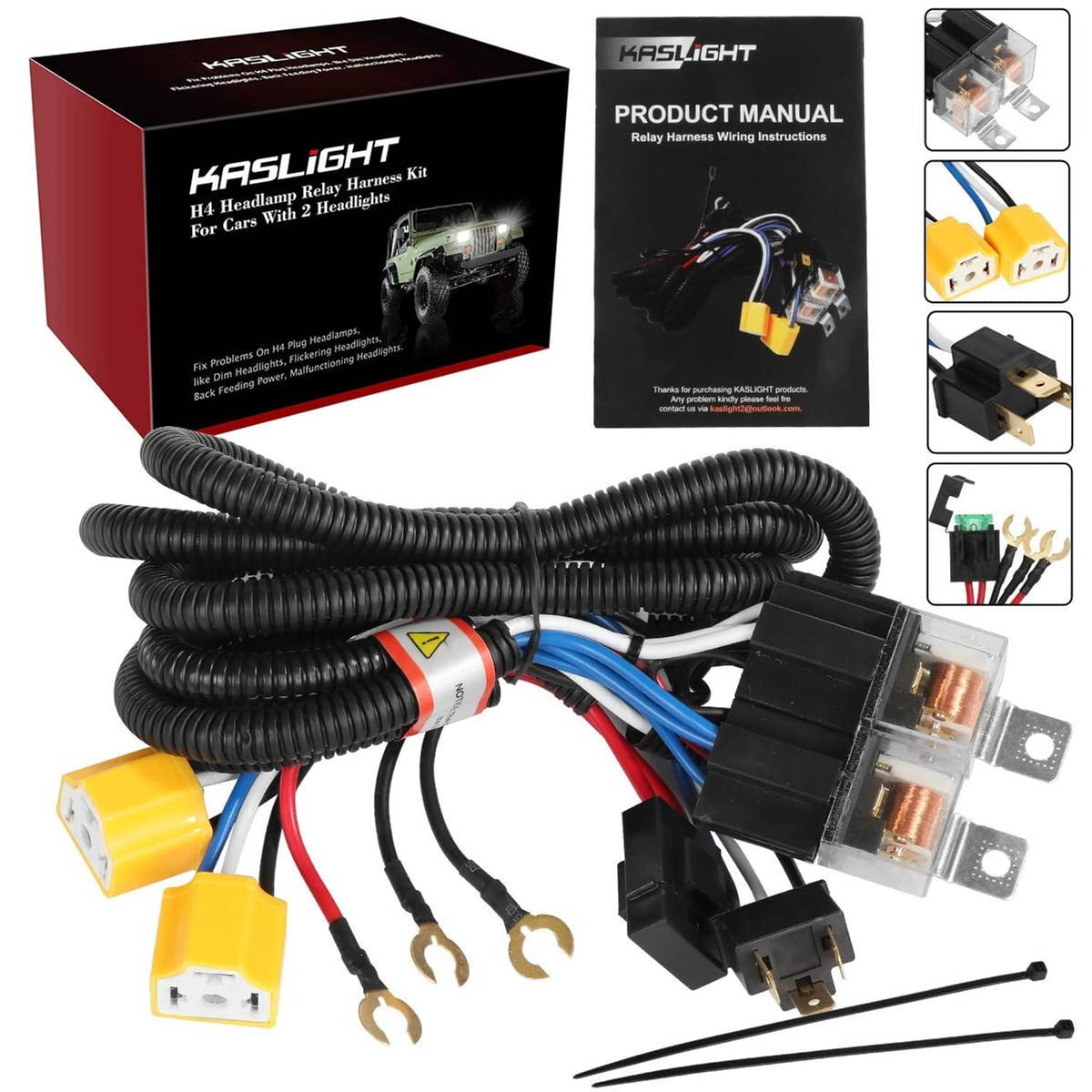 Kaslight headlight wiring harness relay kit with cables, yellow connectors, and fuse blocks