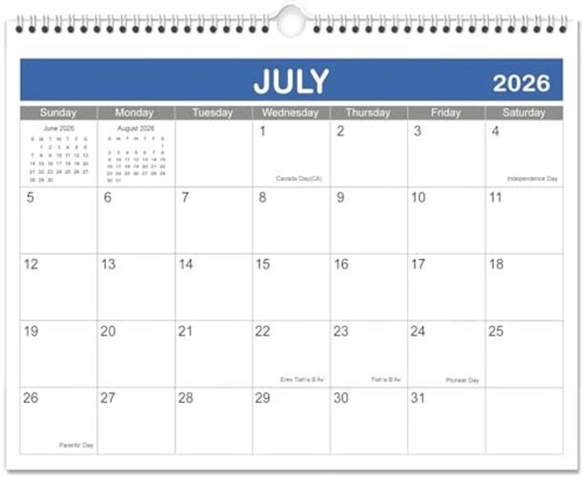 Spiral wall calendar page for July 2026 with deep blue header and date grid.