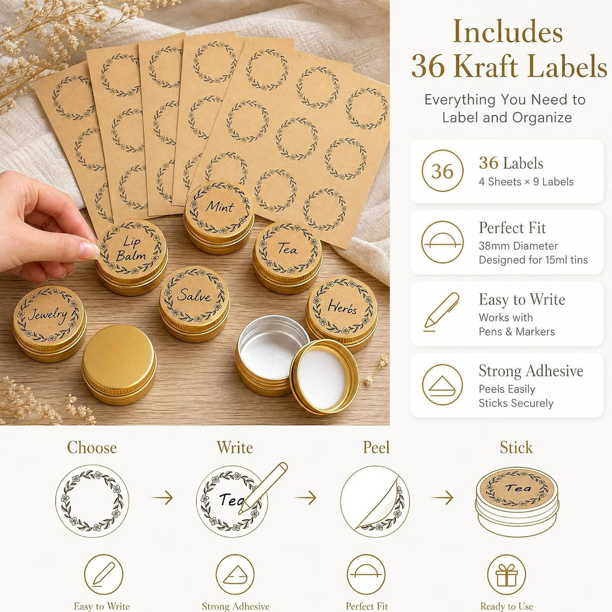 Gold screw-top tins with kraft round labels and one lid open