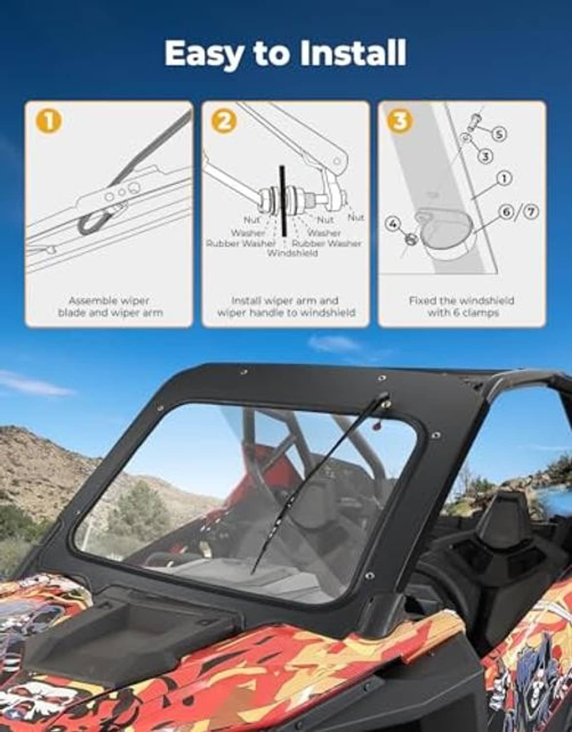 Black glass windshield with manual wiper components for installation