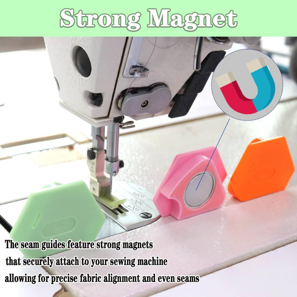 Magnetic seam guide block attached to sewing machine bed for edge stitching