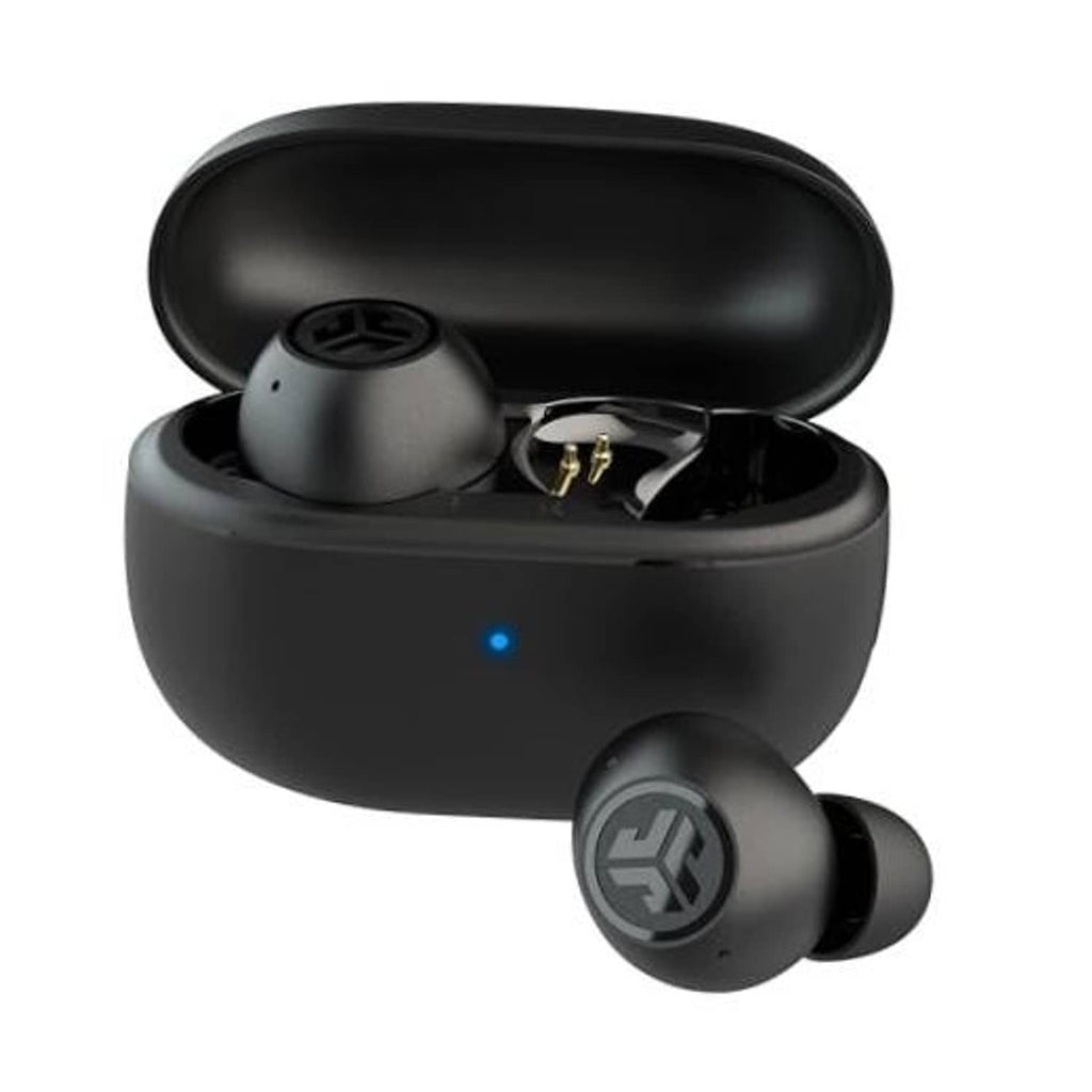 Black true wireless earbuds with charging case open, blue status light