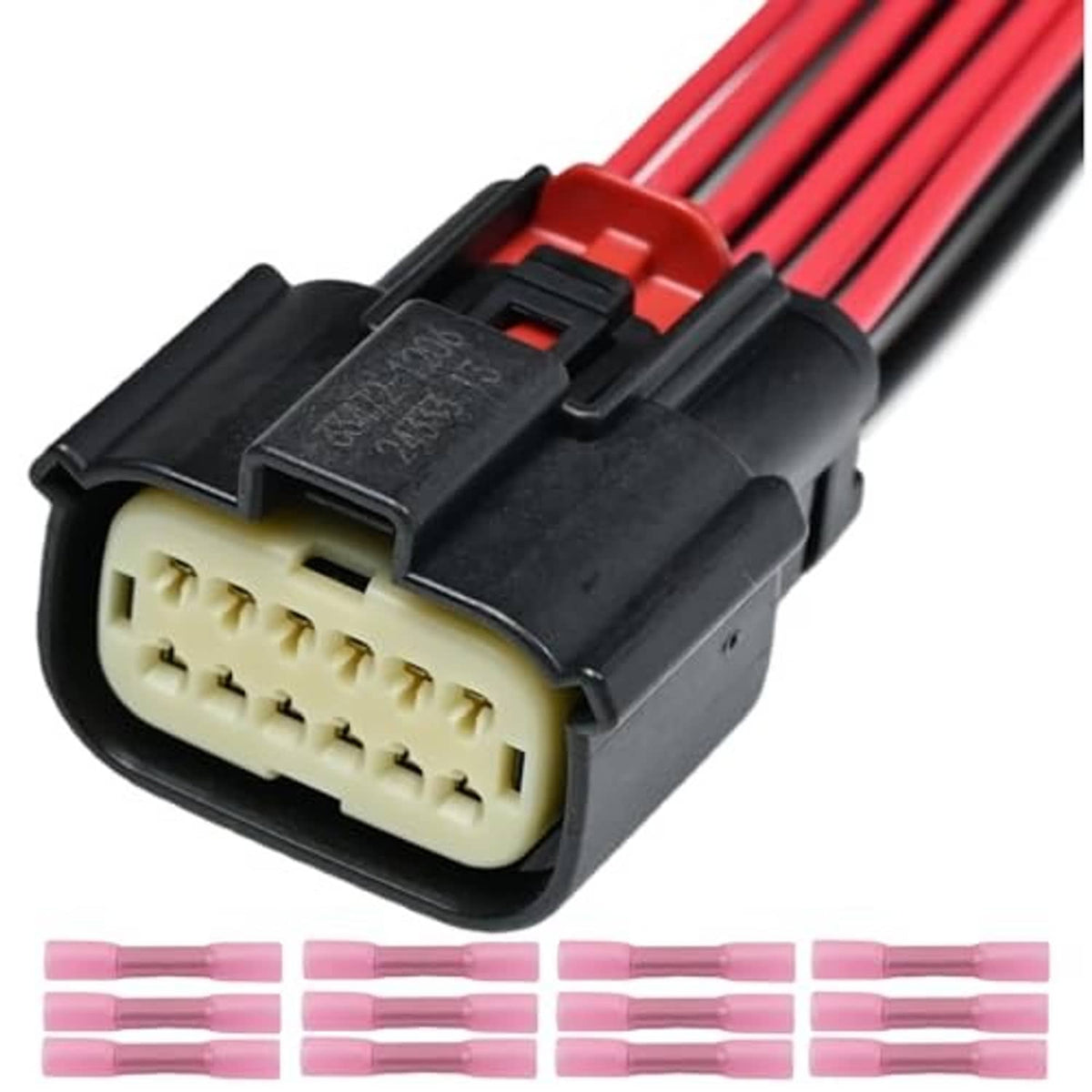 Headlight connector pigtail with black connector housing and beige plug; red wire harness