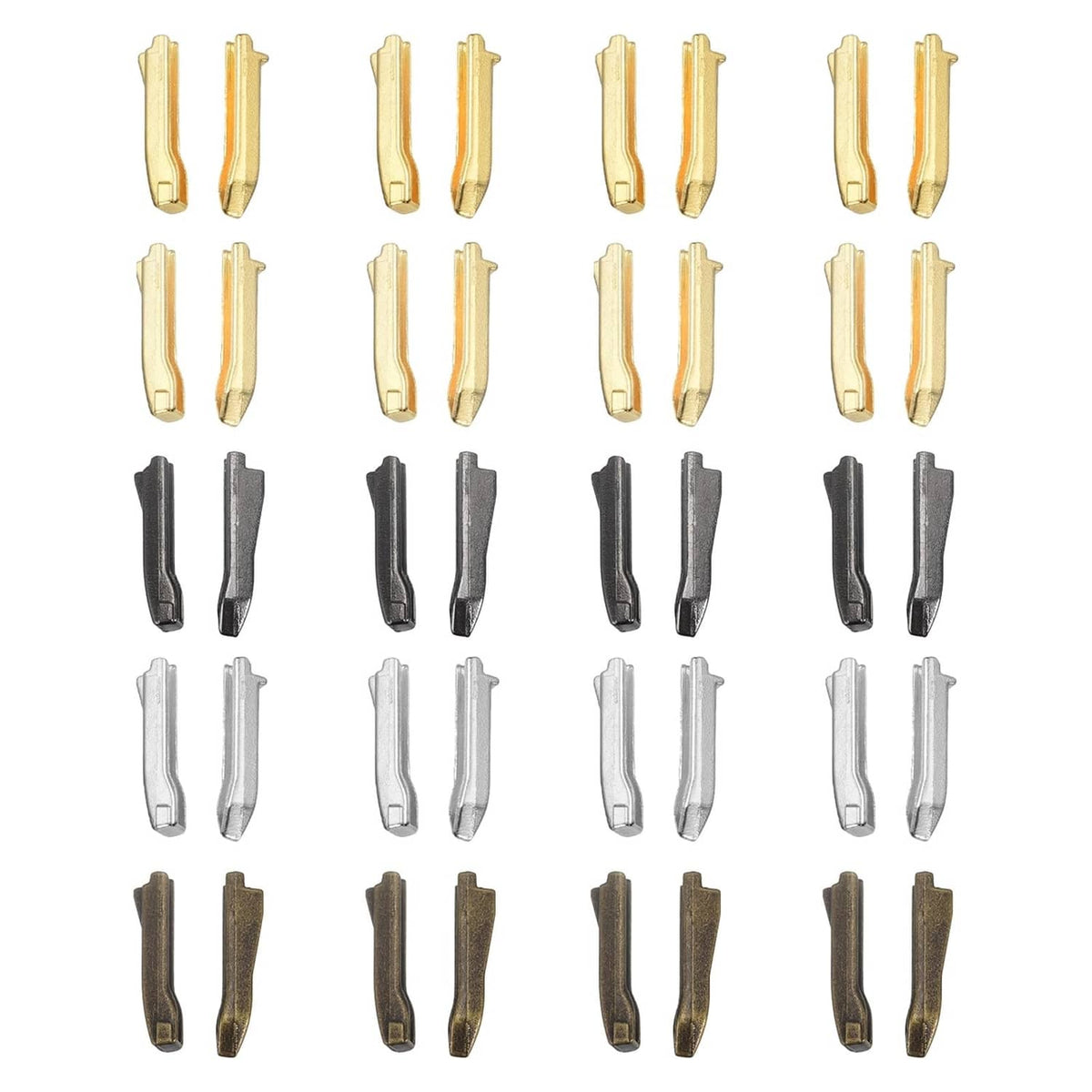 Double open zipper repair latch insert pins, size #5, in gold, silver, dark and bronze pairs