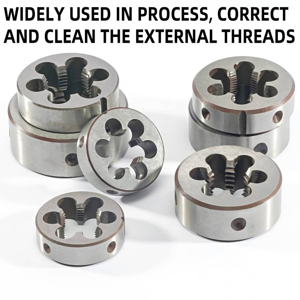 Set of round right-hand thread dies with four cutting openings, metal finish