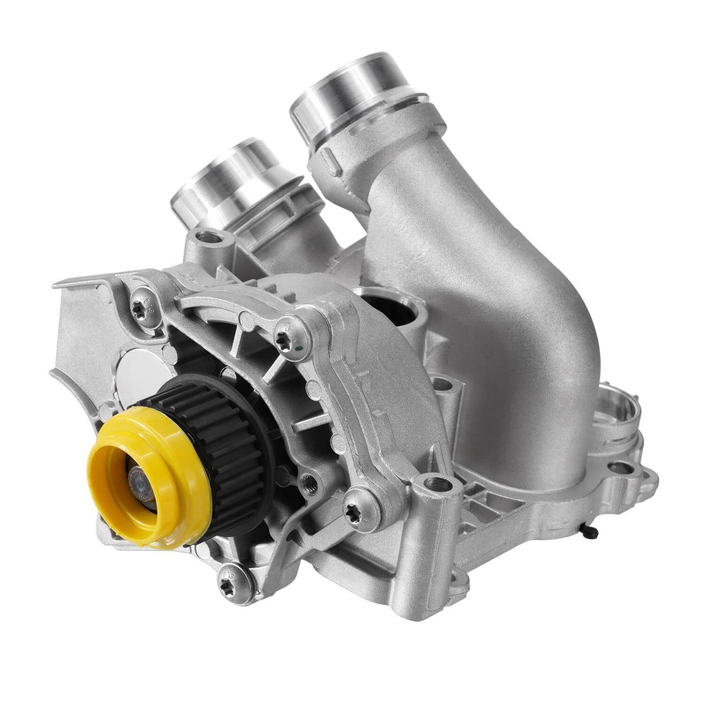 Automotive water pump and thermostat assembly, silver metal with yellow impeller