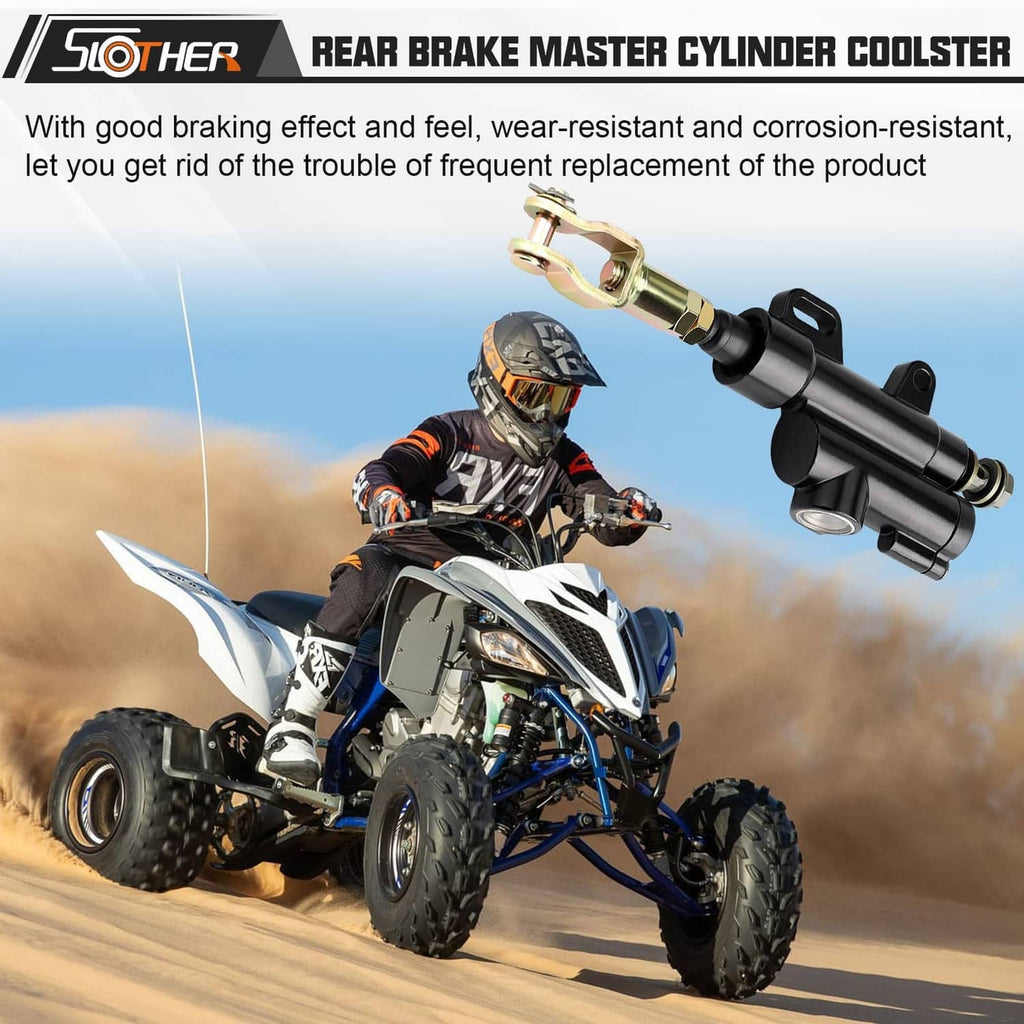 Rear brake master cylinder coolster on ATV, black body with gold rod connector