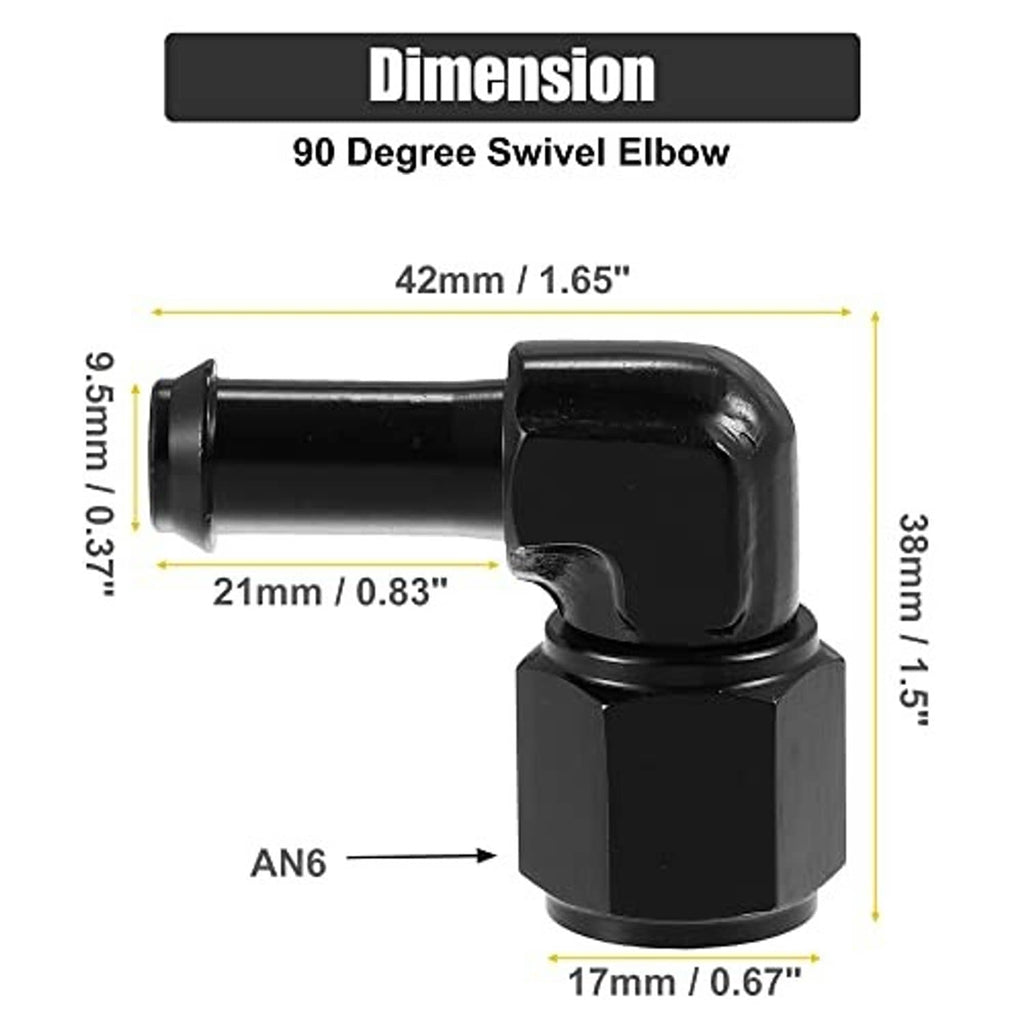 Black 90-degree swivel elbow hose fitting adapter, side view with barbed outlet