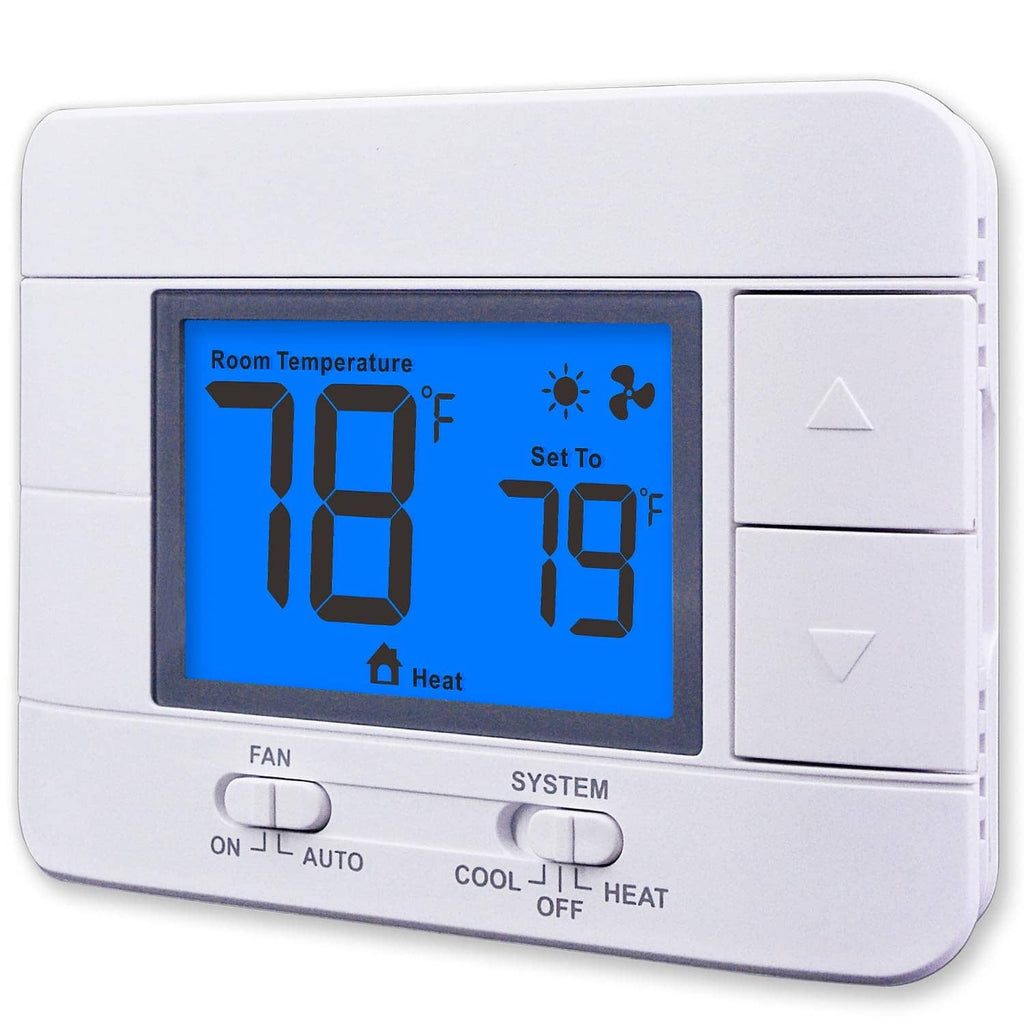 Non-programmable wall thermostat with blue backlit screen and heating/cooling controls