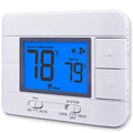 Non-programmable wall thermostat with blue backlit screen and heating/cooling controls