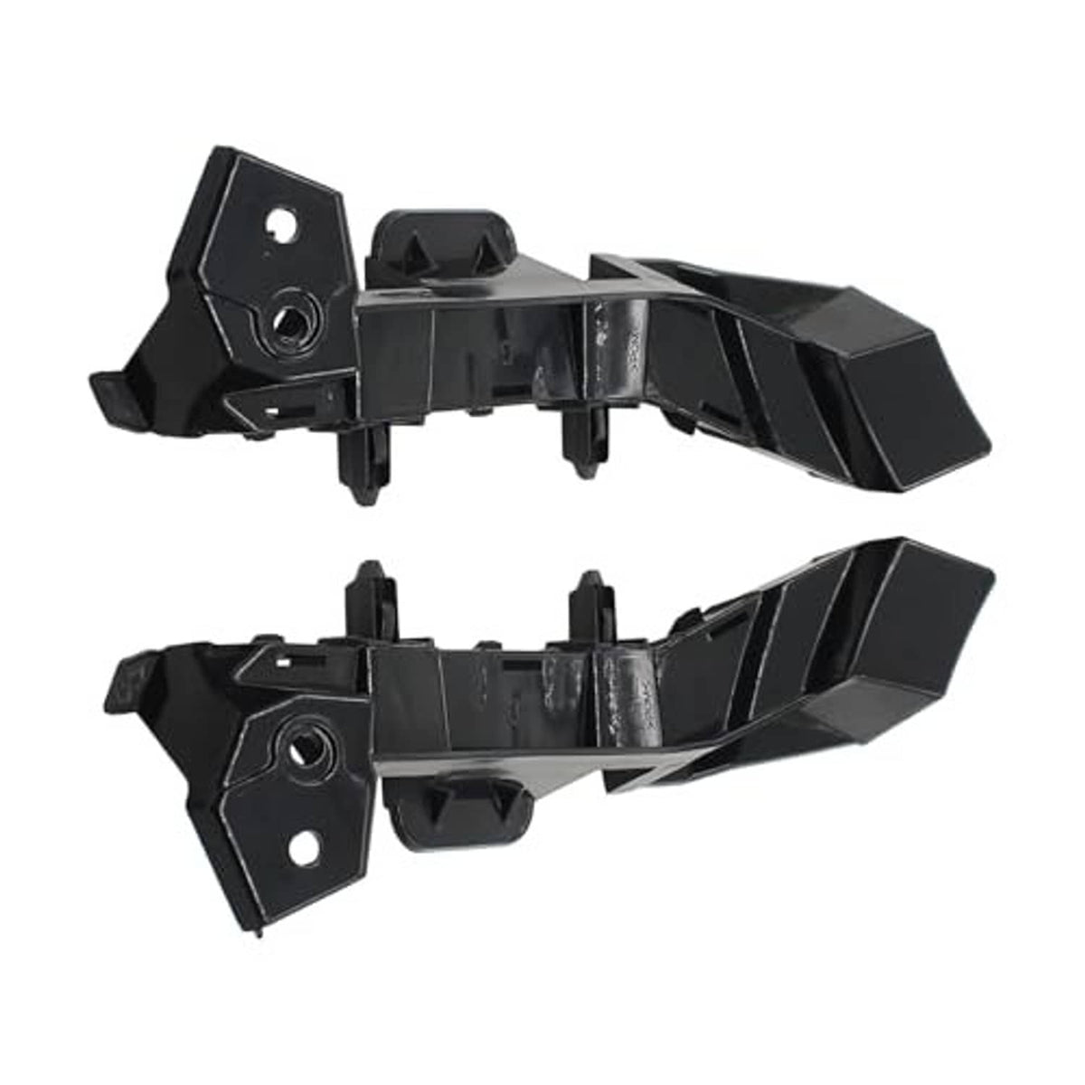 Front bumper guide bracket retainer supports, black plastic parts with bolt holes