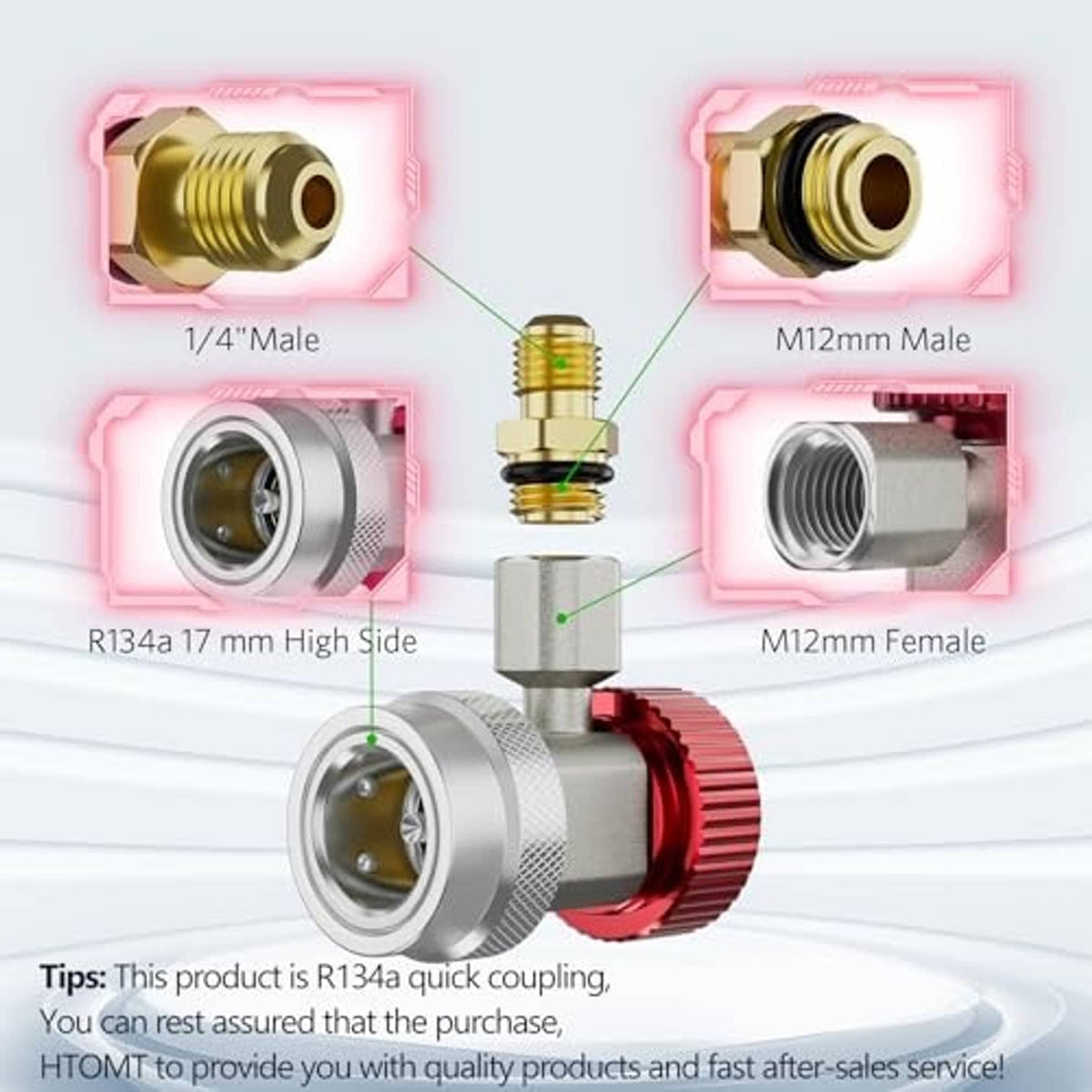 Adjustable R134a coupler adapter with brass male fittings and R134a port connectors