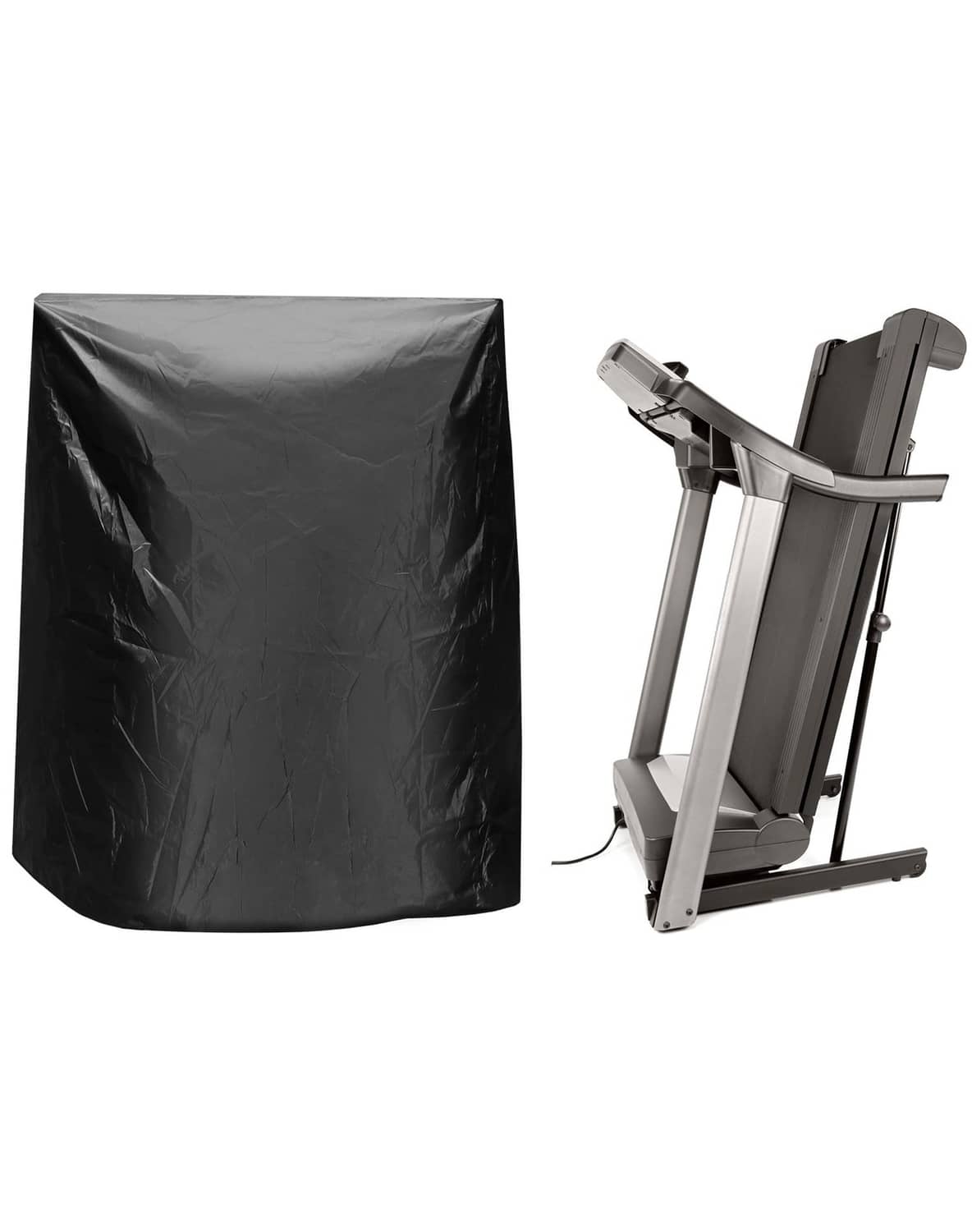 Black waterproof treadmill cover shown with a treadmill, protective full-body cover.