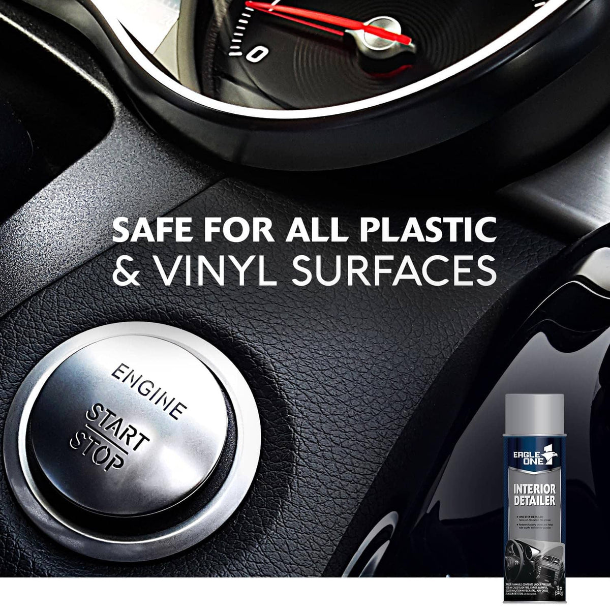Interior detailer spray bottle beside textured black dashboard and steering wheel button