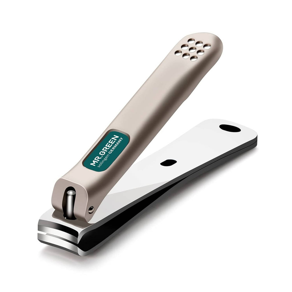 Curved nail clipper with perforated top plate and black cutting base