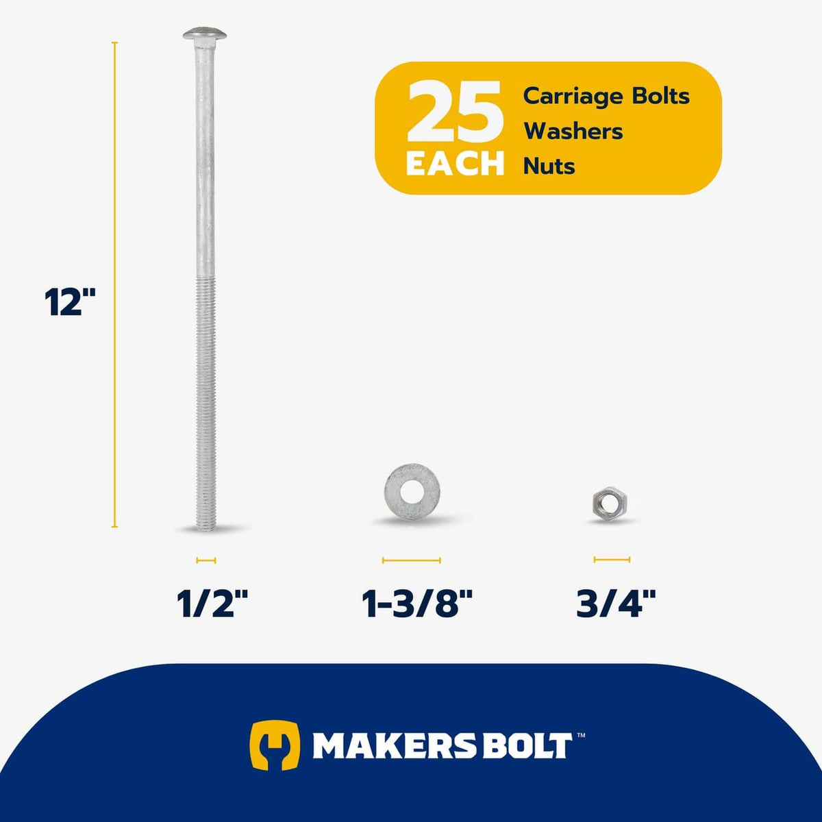 Galvanized carriage bolt kit with flat washer and hex nut, shown with size callouts
