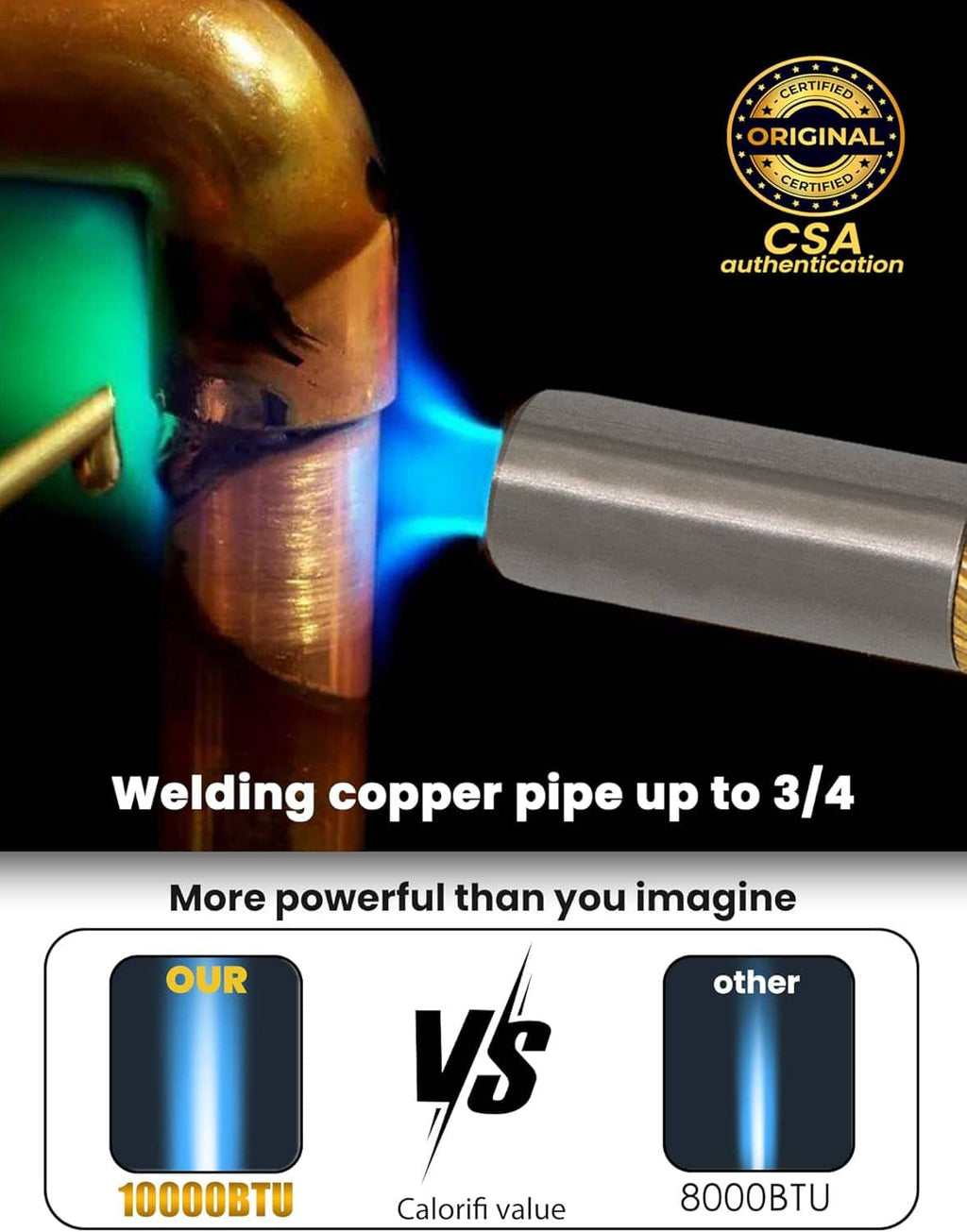 Propane torch head flame welding copper pipe, gold nozzle and black torch body.