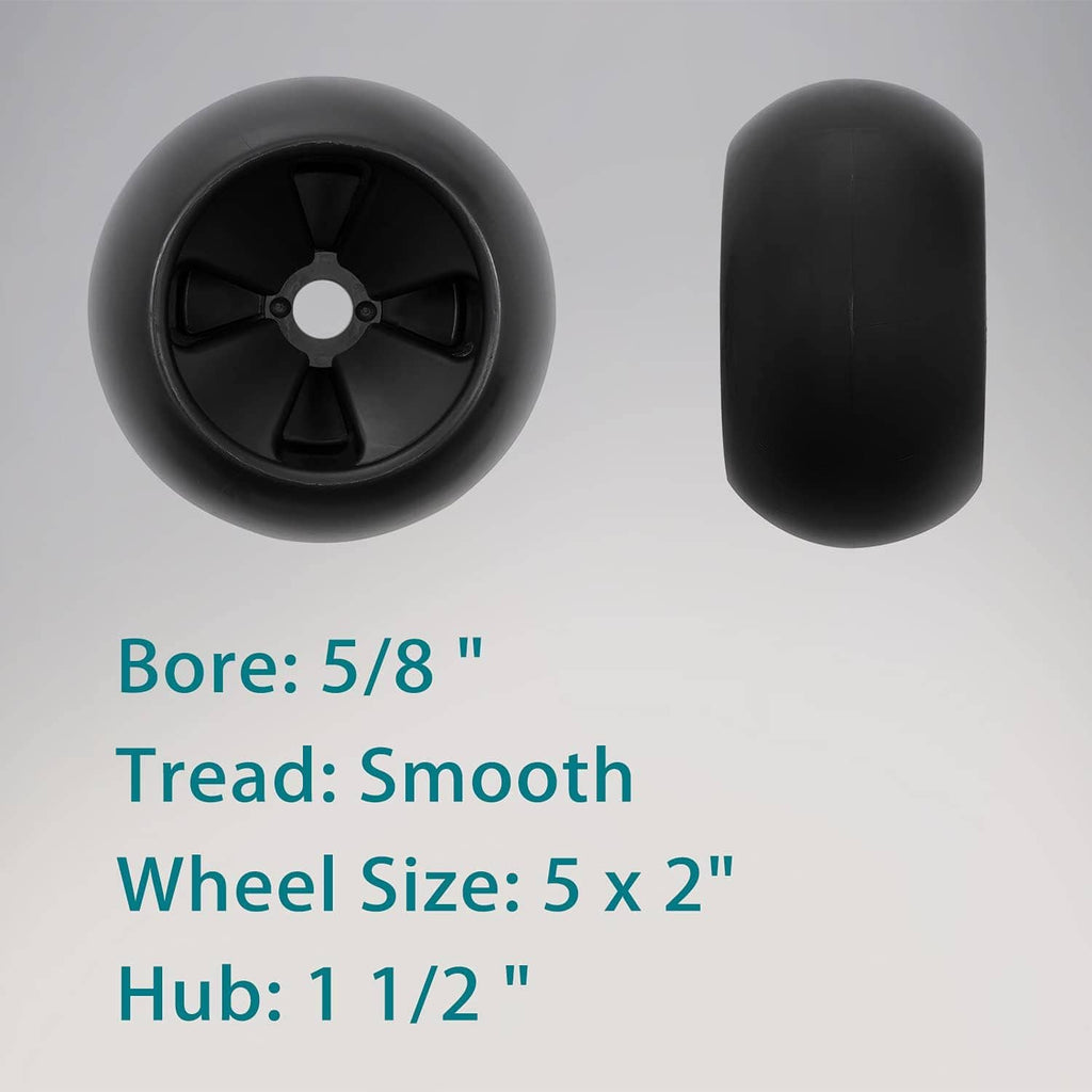 Mower deck wheel, smooth black wheel with 5/8 in bore and 5 x 2 in size