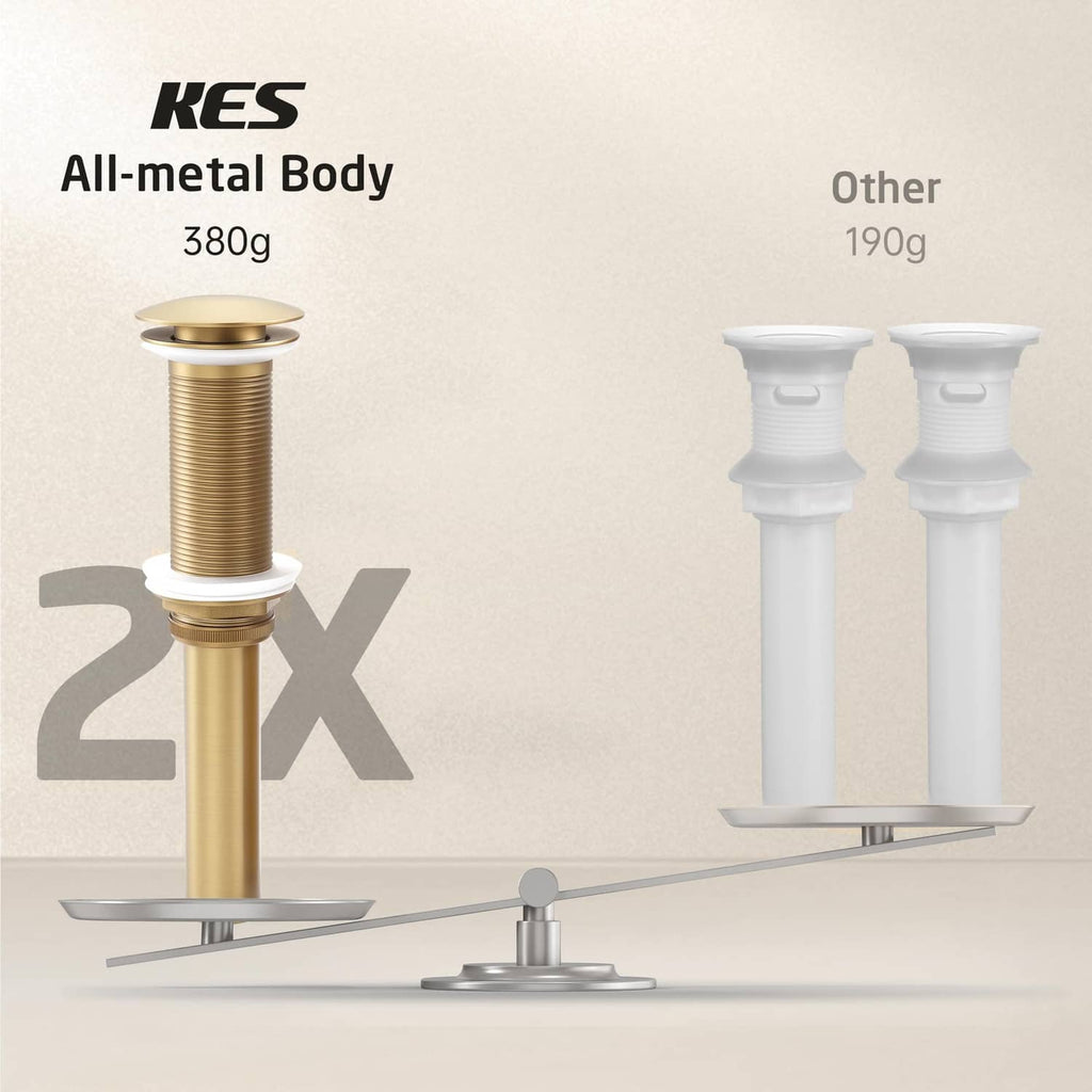 Brushed gold all-metal pop-up drain, 380g weight shown versus other 190g