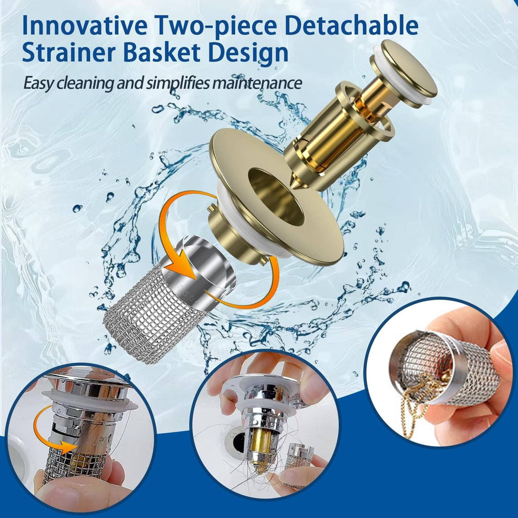 Gold pop-up drain strainer with detachable two-piece strainer basket and mesh filter