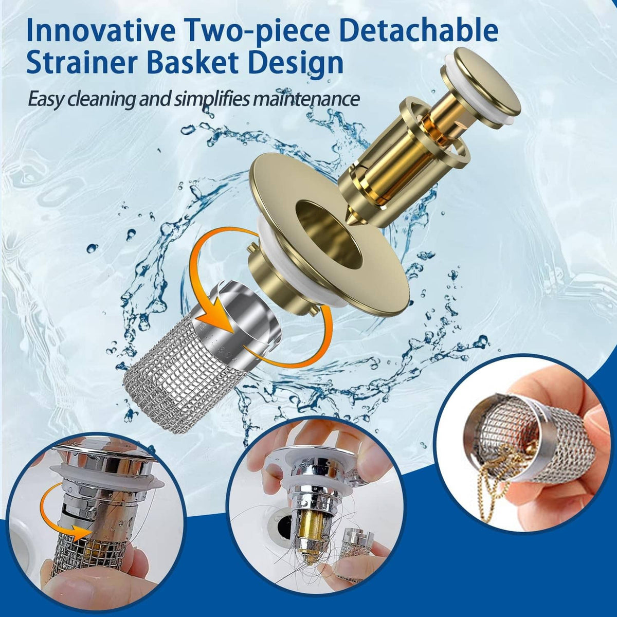 Gold pop-up drain strainer with detachable two-piece strainer basket and mesh filter