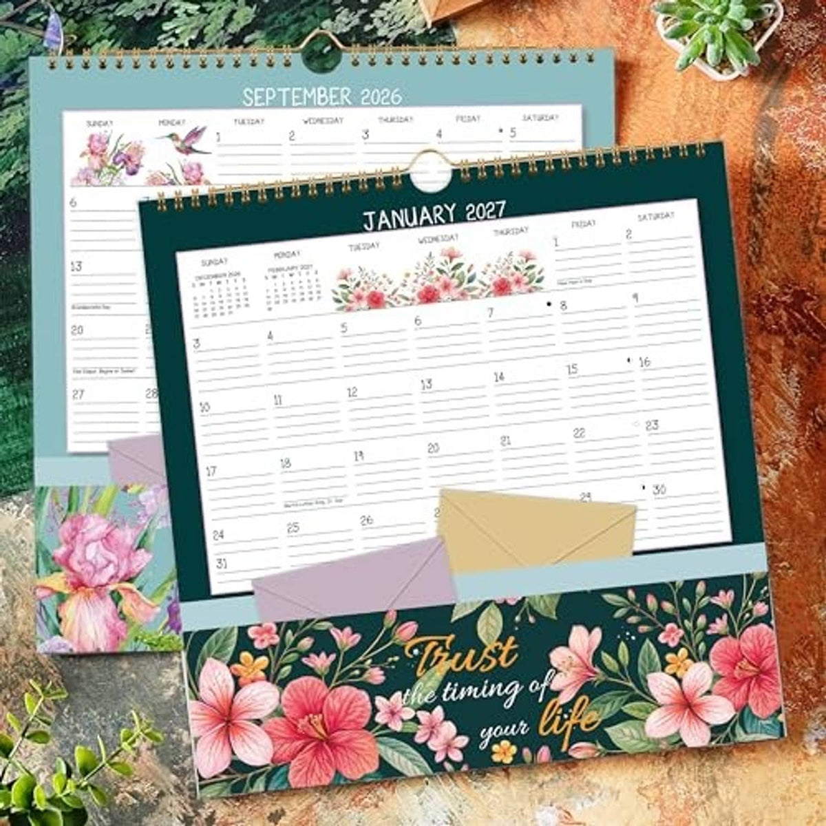 2026–2027 wall calendar with September 2026 and January 2027 pages, floral pocket envelopes