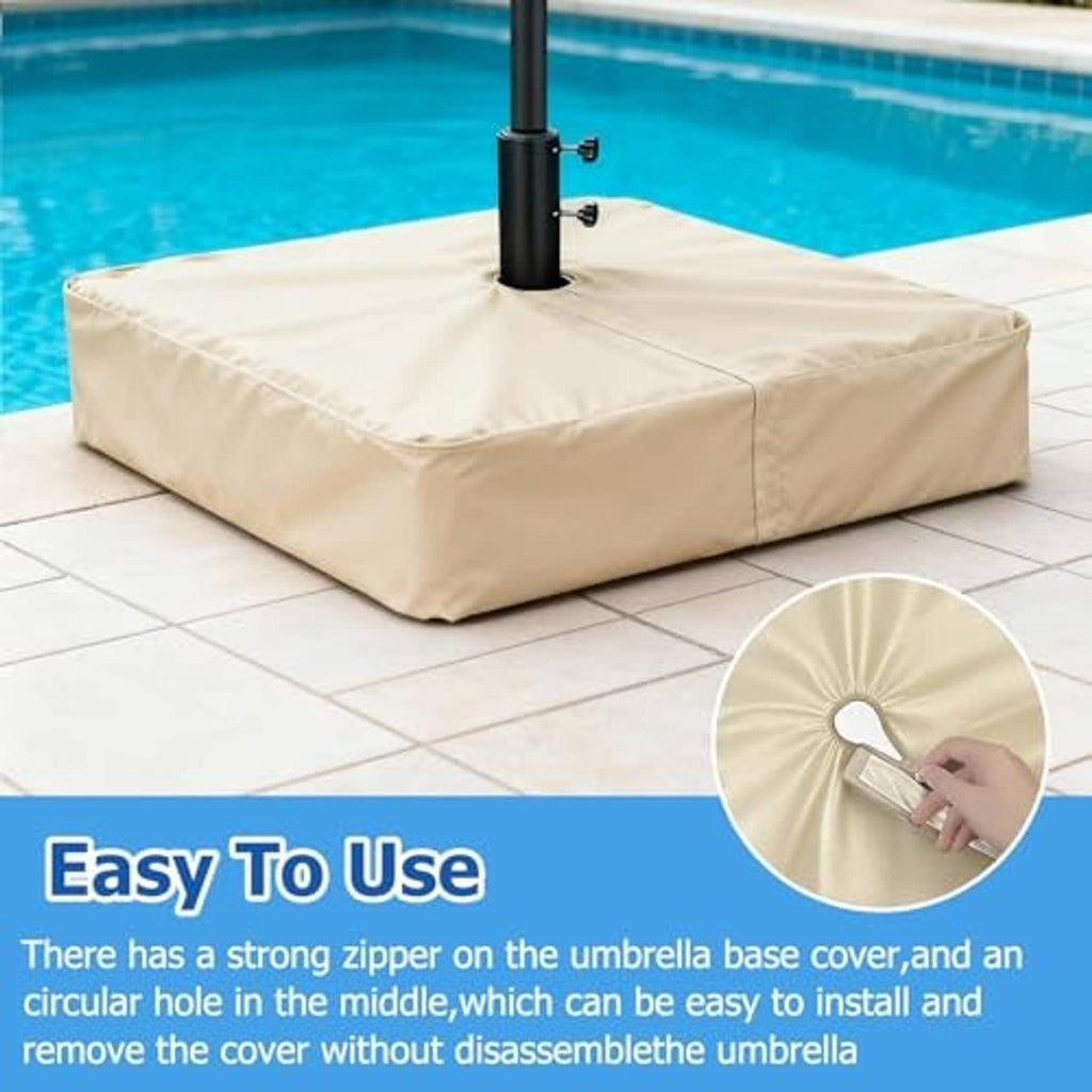 Beige umbrella base cover with black pole through center, box panels and rounded top